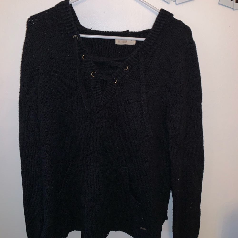 black hooded sweater with lace up front